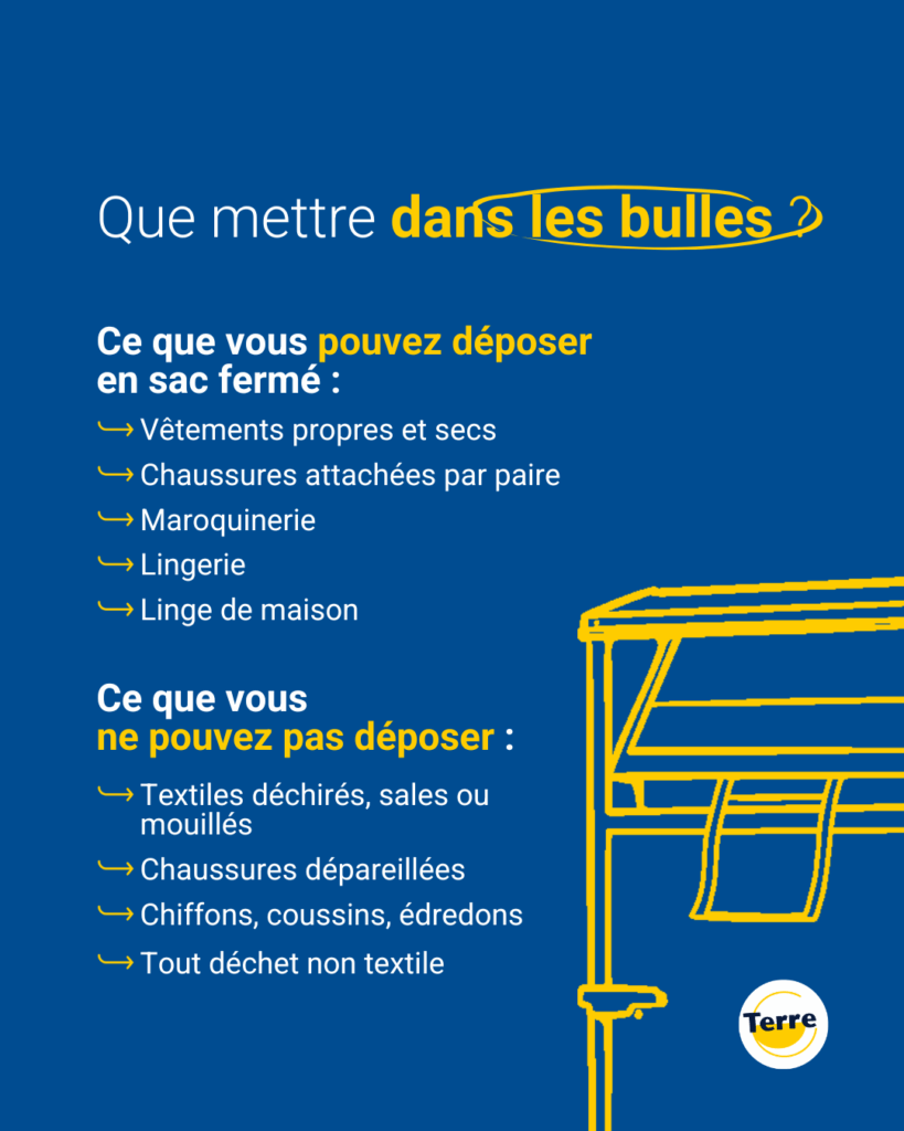 Visuel illustrant ce que nous pouvons mettre ou non dans les bulles à textile Terre asbl