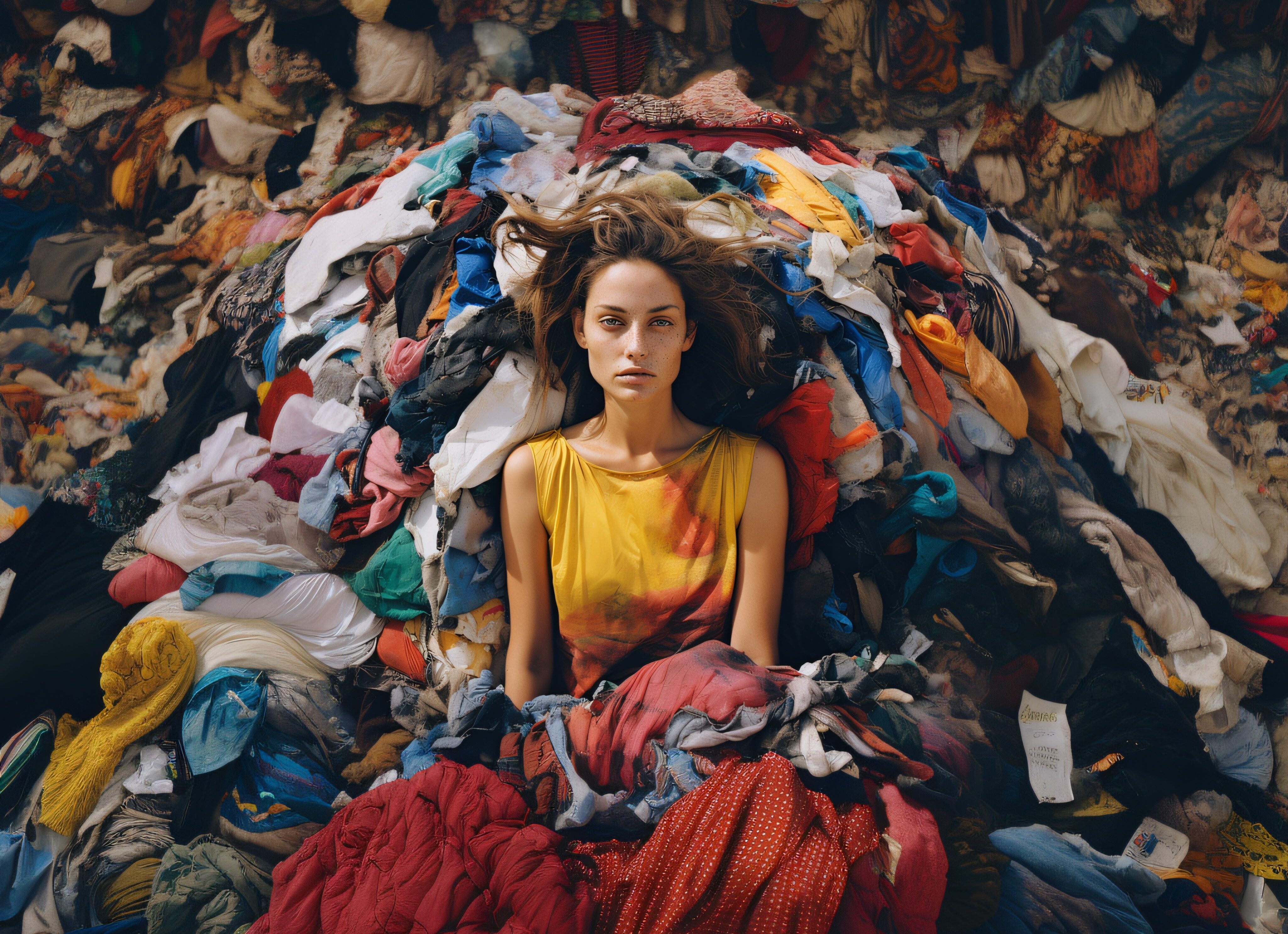 Déchets de l'industrie de la mode éphémère, montagnes de vêtements usagés, culture du recyclage, écologie